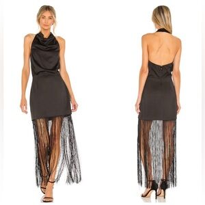 ELLIATT x Revolve Beatrice Halterneck Draped Neckline Fringe Black Dress Size S